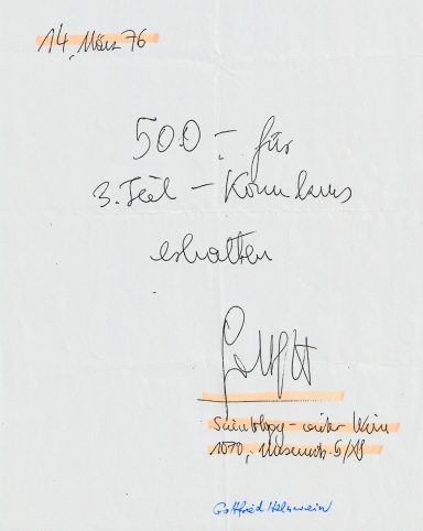 14. März 1976 - Scientology Wien Chef Gottfried Helnwein quittiert eine Zahlung für den Scientology "Komkurs 3. Teil